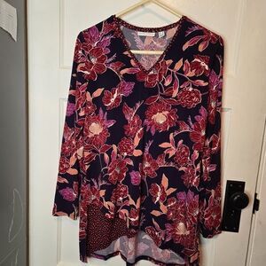 Susan Graver Floral V-Neck Blouse - Red and Pink